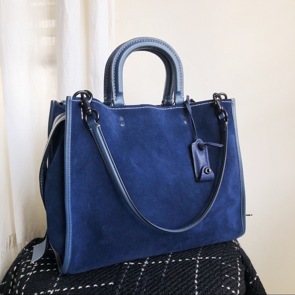 Coach Rogue 36 Blue Suede Leather Satchel Tote Bag White Stitching